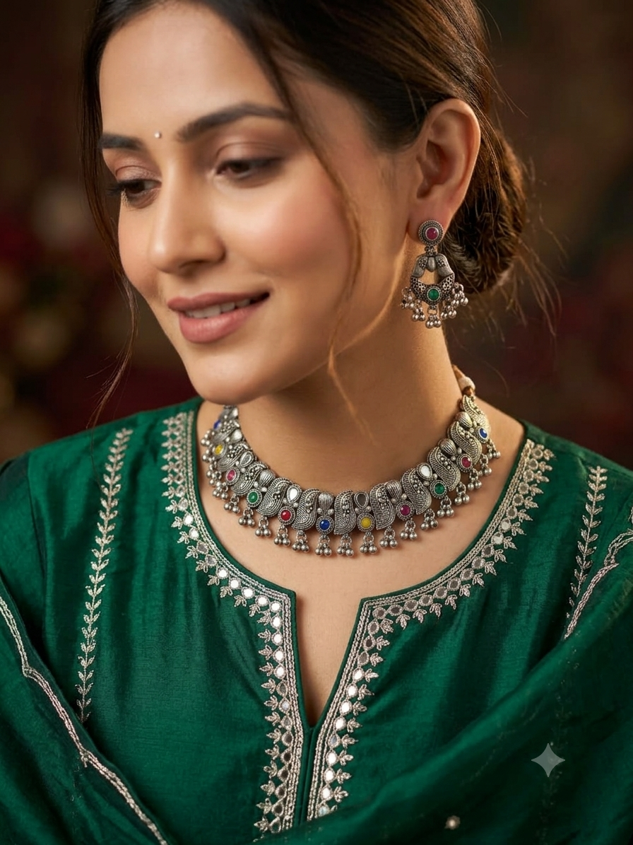 Indian Tribal Style Oxidized Choker Necklace with Matching Jhumka Earrings