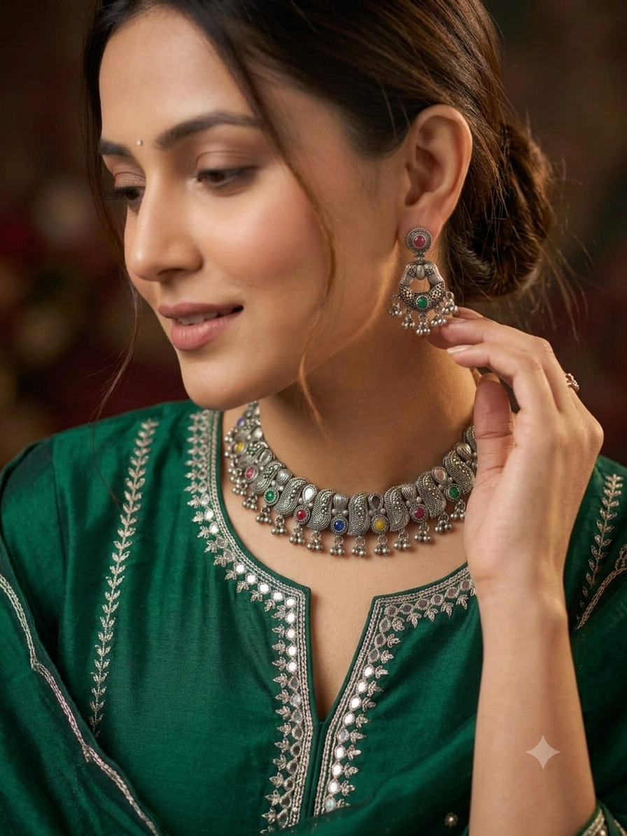 Indian Tribal Style Oxidized Choker Necklace with Matching Jhumka Earrings