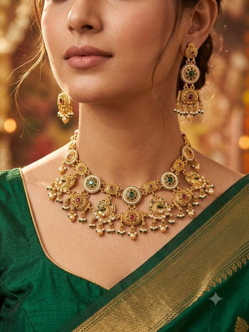 Green & Red Kundan Pearl Choker Set Capture the Essence of Tradition with Timeless Elegance
