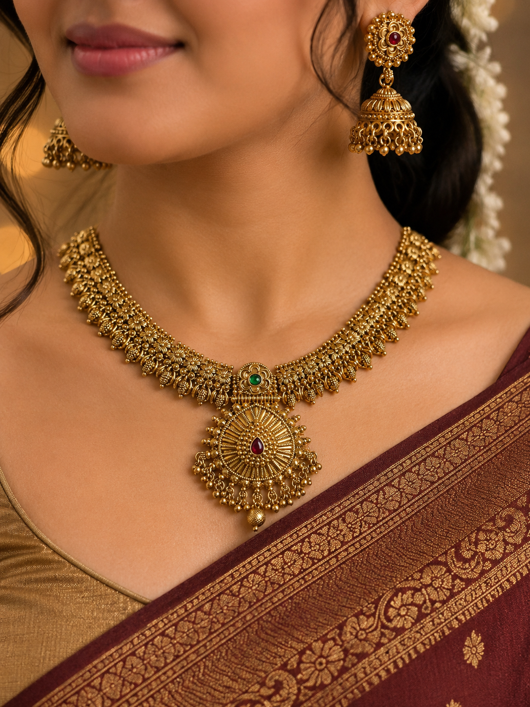 Traditional Antique Gold-Plated Temple Necklace Set with Jhumka Earrings | Bridal Wedding Jewelry for Women