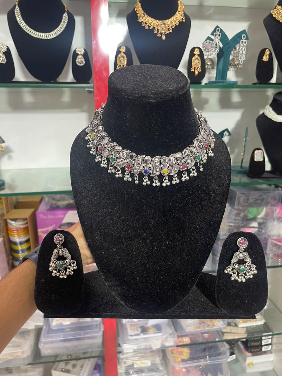 Indian Tribal Style Oxidized Choker Necklace with Matching Jhumka Earrings